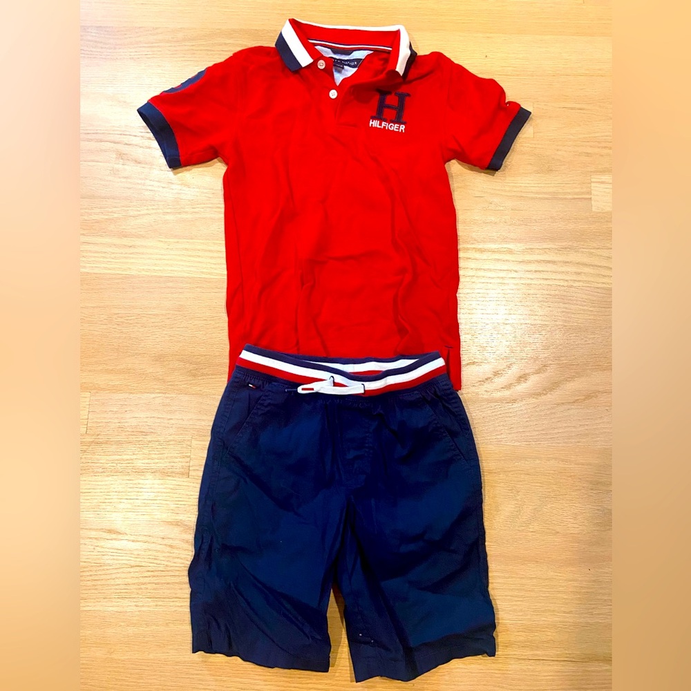 Tommy Hilfiger Red Polo Shirt Classic Ribbed Collar and matching shorts